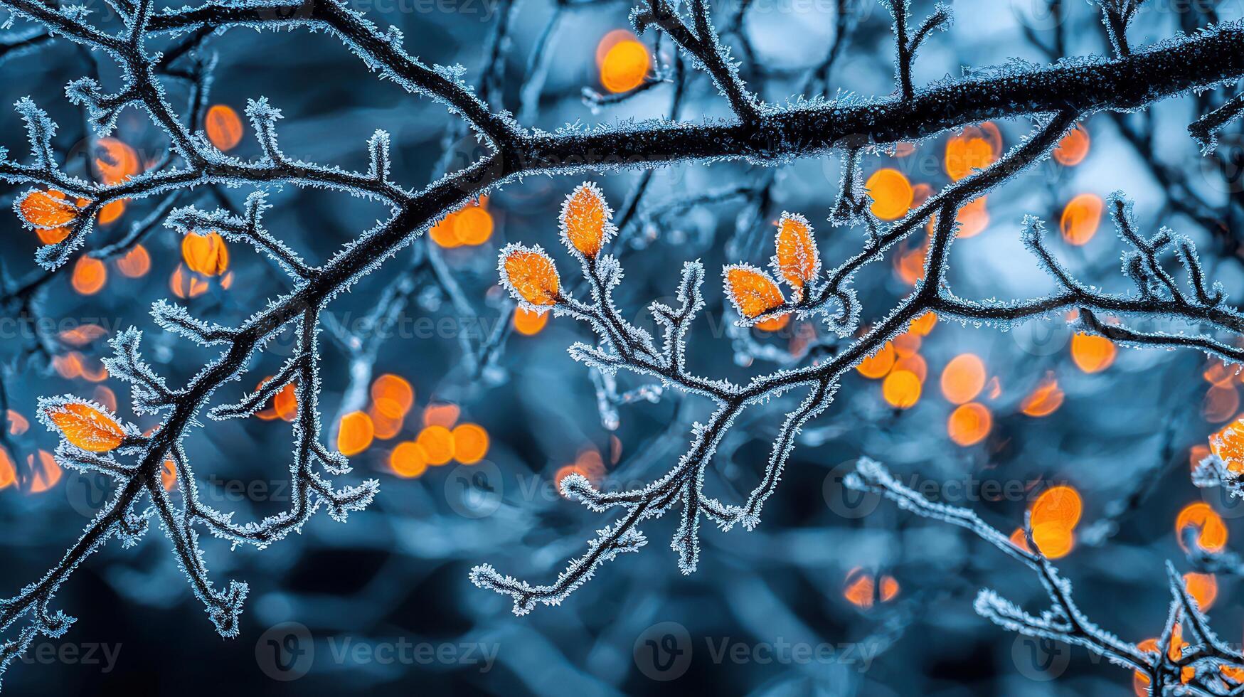 Frosty Winter Branches with Orange Lights Festive Background Winter Wonderland Scene photo