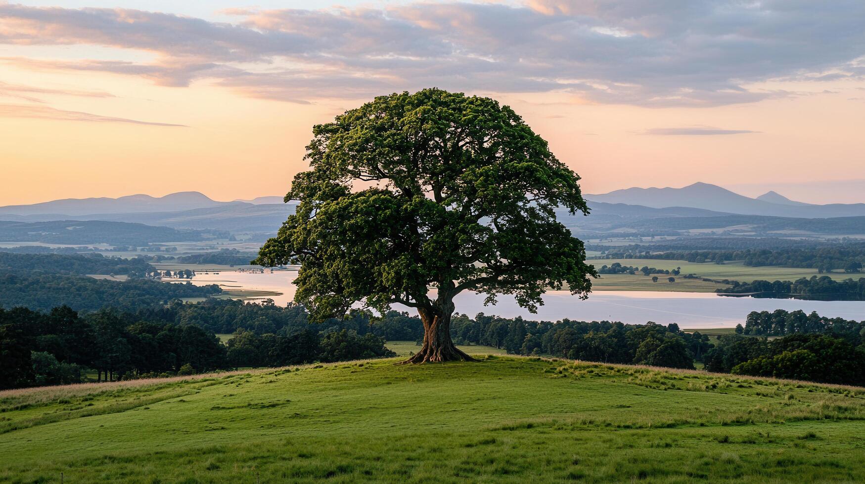 Majestic Oak Tree on Hilltop Overlooking Serene Lake and Distant Mountains at Sunset photo