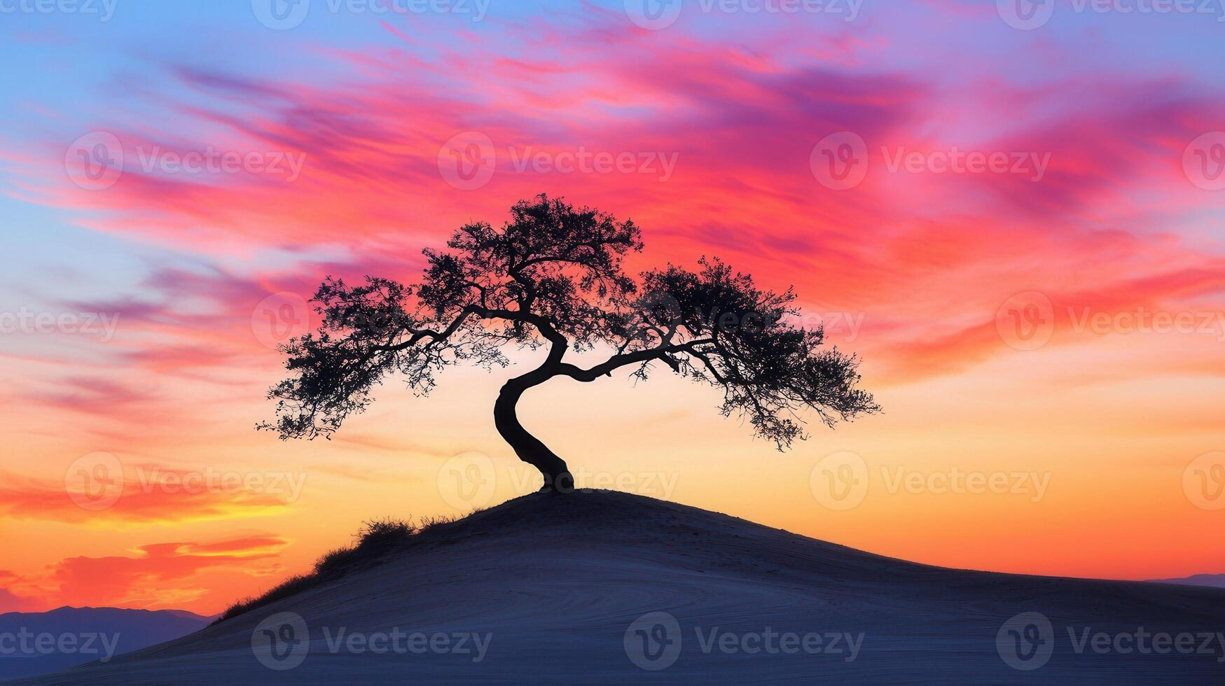 Serene Sunset Landscape Silhouette of a Tree on a Hill Against Vibrant Sky photo