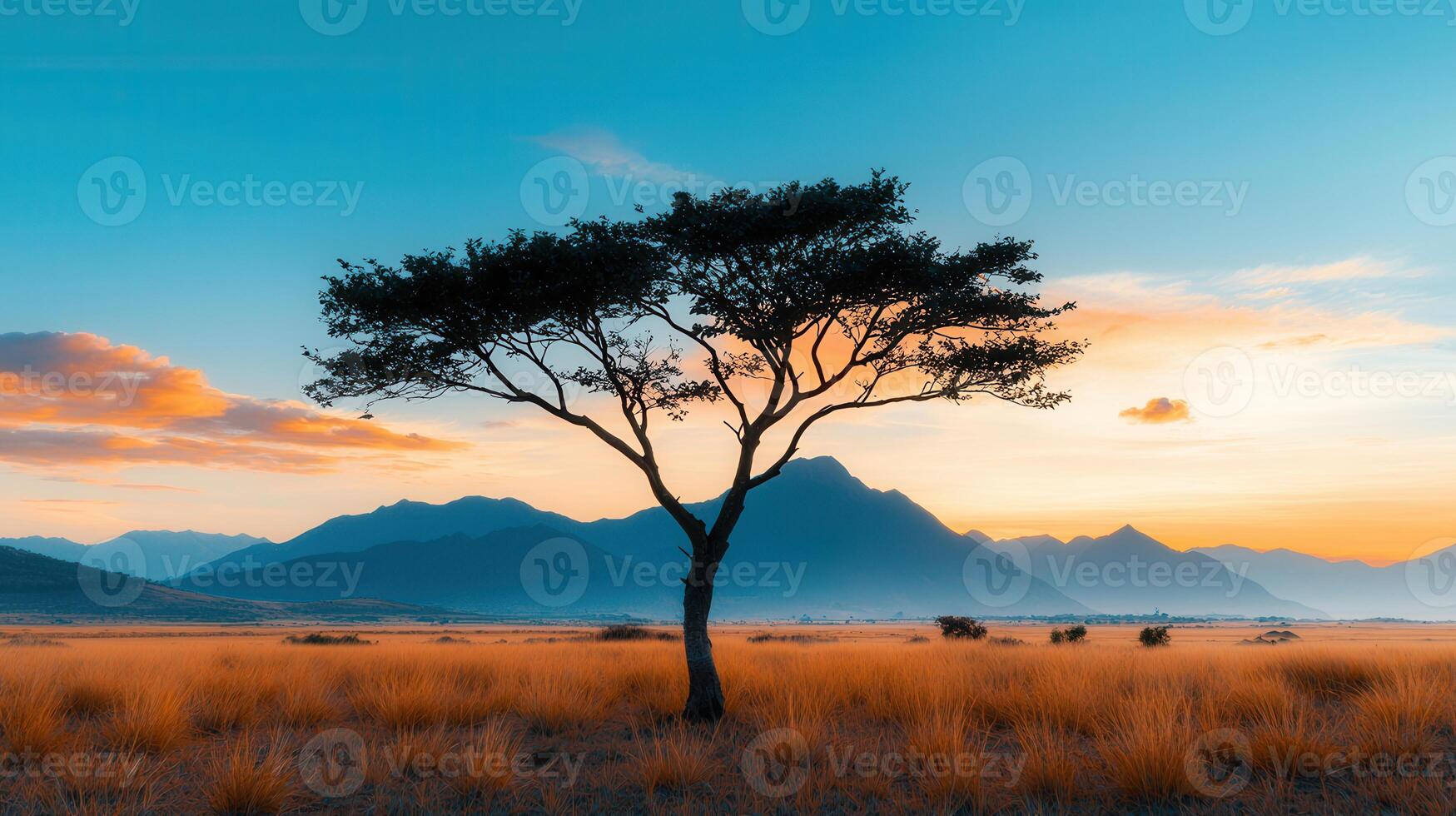 Serene Sunset Landscape Lone Tree in Golden Grassland with Mountain Range Background photo