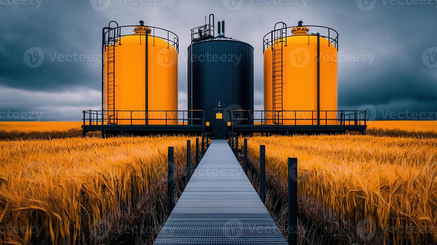 Industrial Storage Tanks in a Golden Wheat Field under a Dramatic Sky A Pathway Leads to the Modern Facility photo