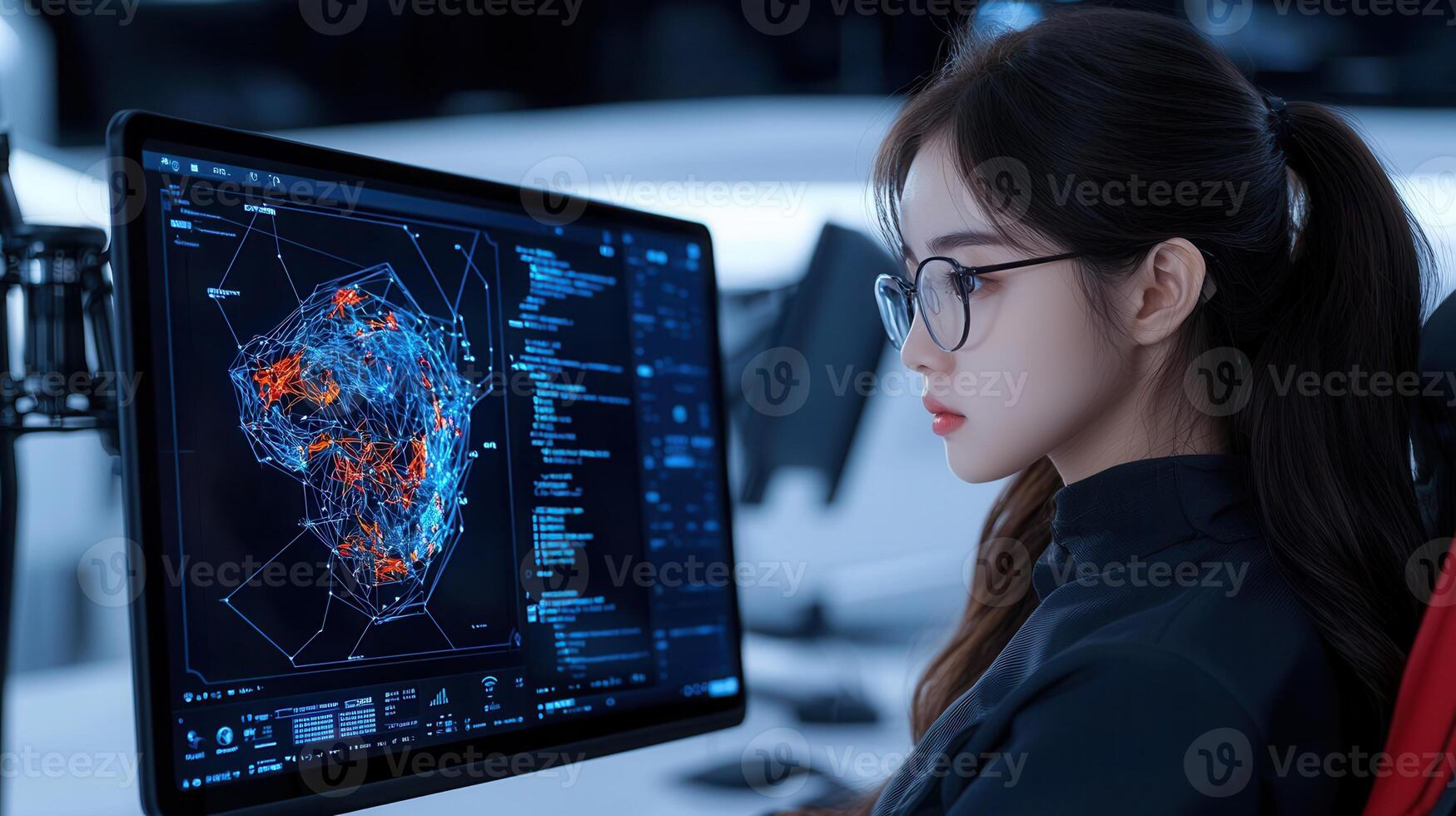 Young Woman Programmer Working on Computer Data Analysis Network Cybersecurity photo