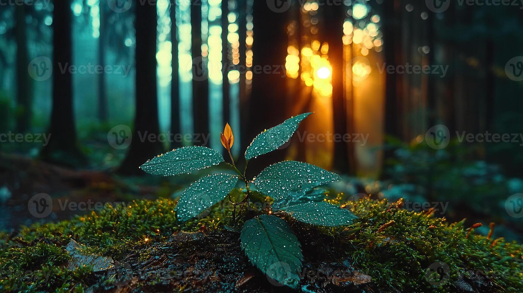 Dew kissed Plant Sprouting in a Mystical Forest at Sunrise A Scenic Nature Image photo