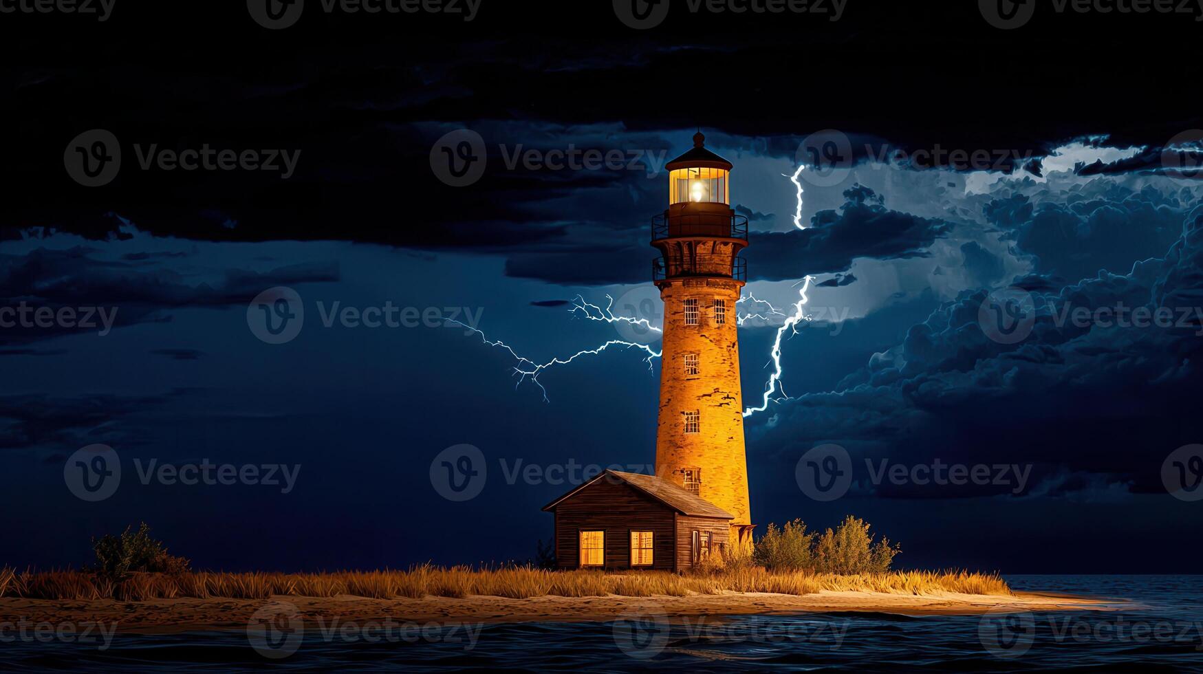 Majestic Lighthouse Illuminated During a Dramatic Nighttime Thunderstorm photo