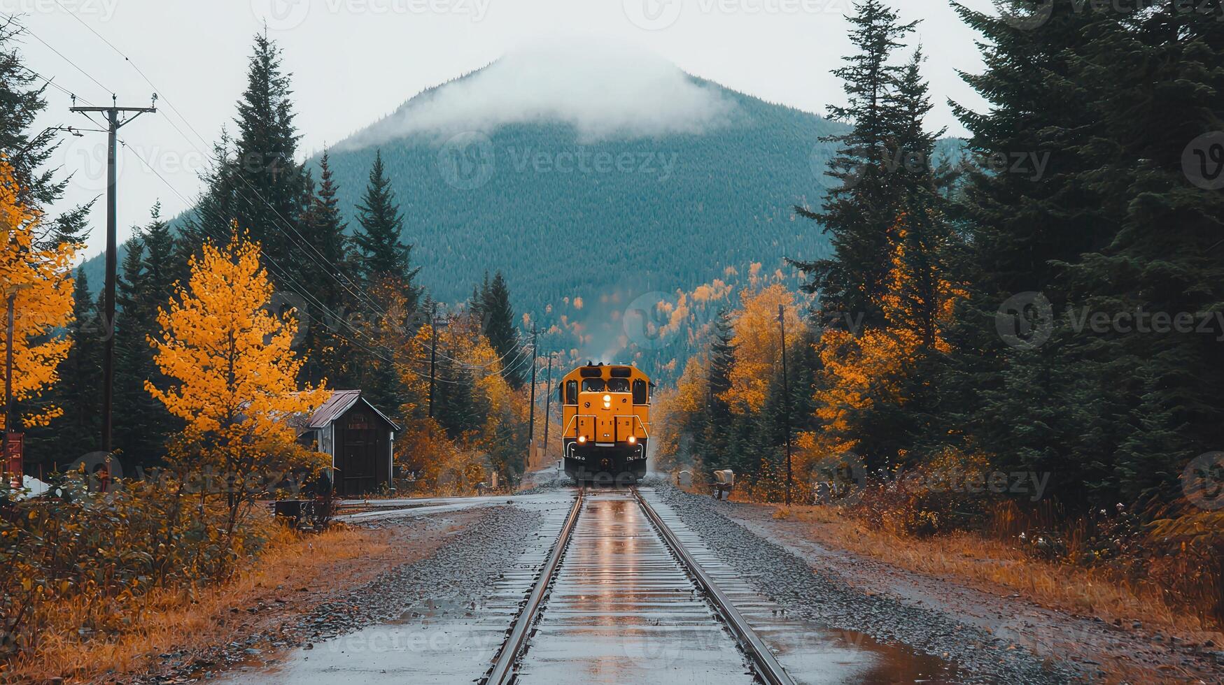 Scenic Autumn Train Journey Through Mountainous Landscape Yellow Locomotive on Tracks Wet Rails and Golden Trees photo
