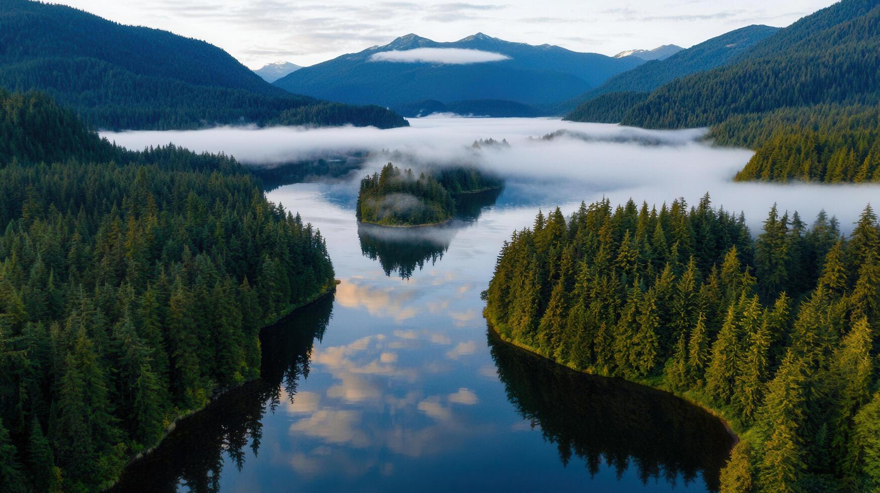Serene Morning Mist over Mountain Lake Surrounded by Lush Evergreen Forest Peaceful Nature Landscape Aerial View photo