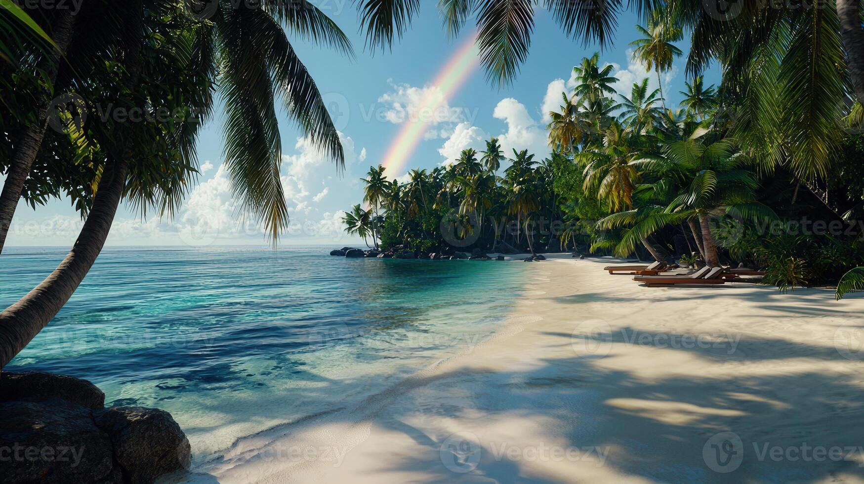 Idyllic Tropical Beach Scene Palm Trees Rainbow and Tranquil Ocean Waters Relaxing Beach Chairs on White Sand photo