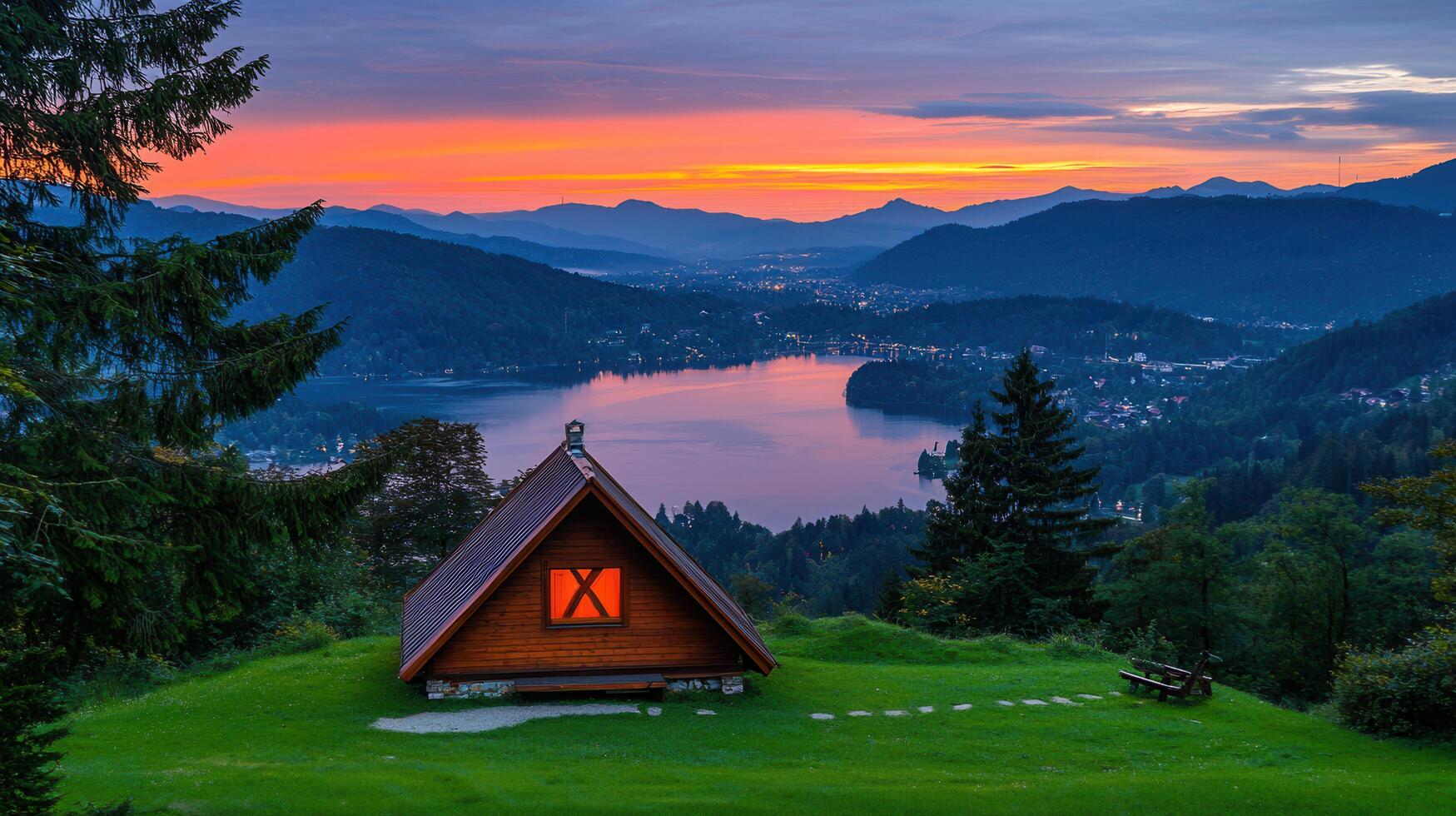 Stunning Sunset View over Mountain Lake with Cozy Wooden Cabin Peaceful Lakeside Retreat Scenic Landscape photo