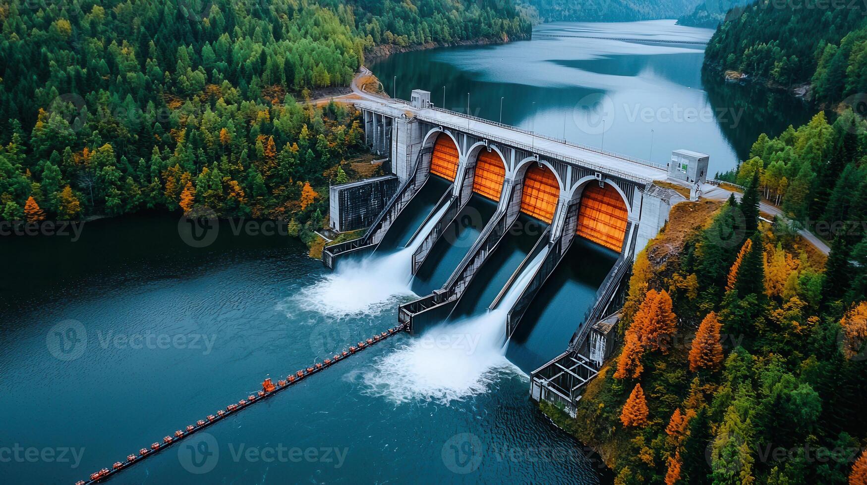 Majestic Hydroelectric Dam Generating Clean Energy Surrounded by Lush Autumn Foliage photo