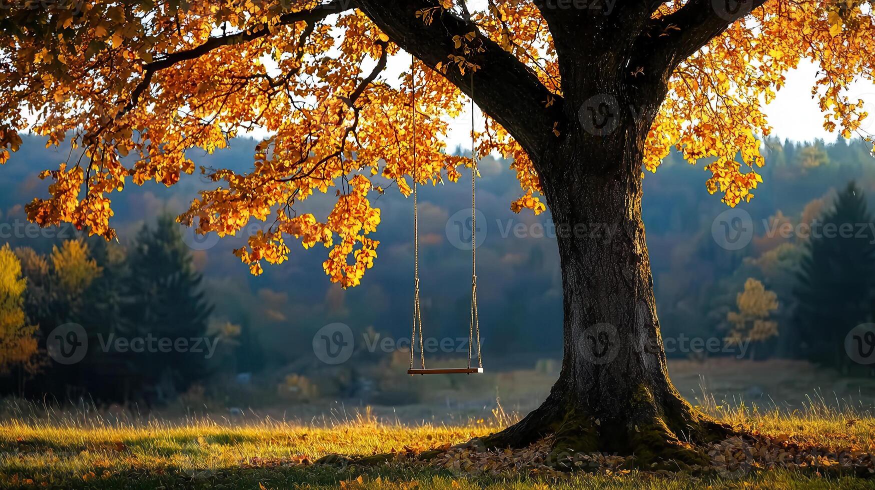 Serene Autumn Scene Empty Swing Hanging from Majestic Tree with Golden Leaves and a Peaceful Landscape photo