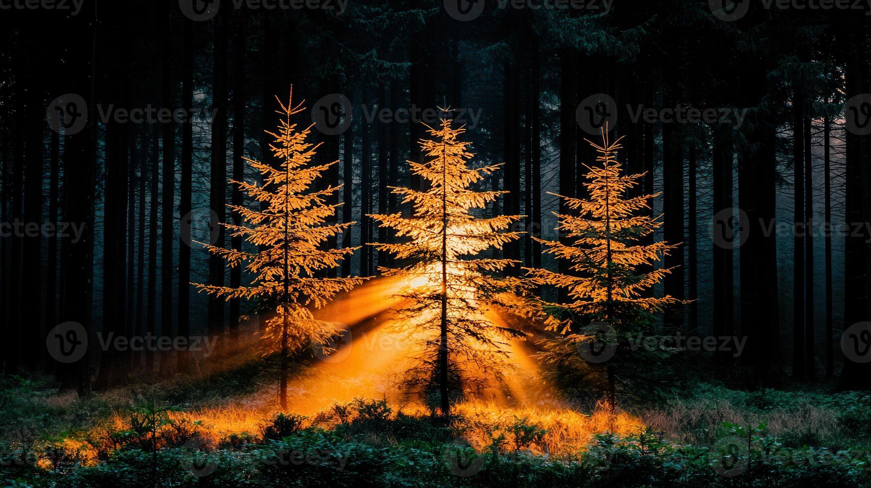 Golden Sunlight Illuminates Three Pine Trees in a Dark Forest at Dawn Magical Forest Scene photo