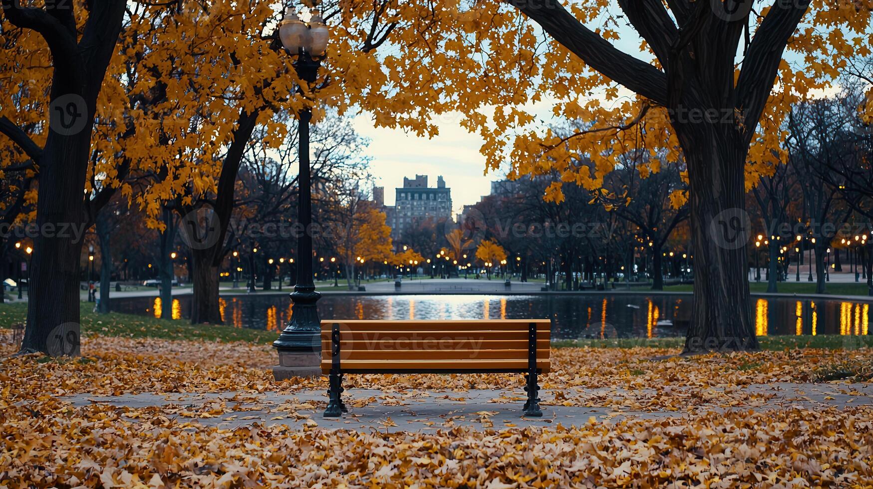 Serene Autumn Park Scene Empty Wooden Bench Amidst Golden Leaves and City Lights photo