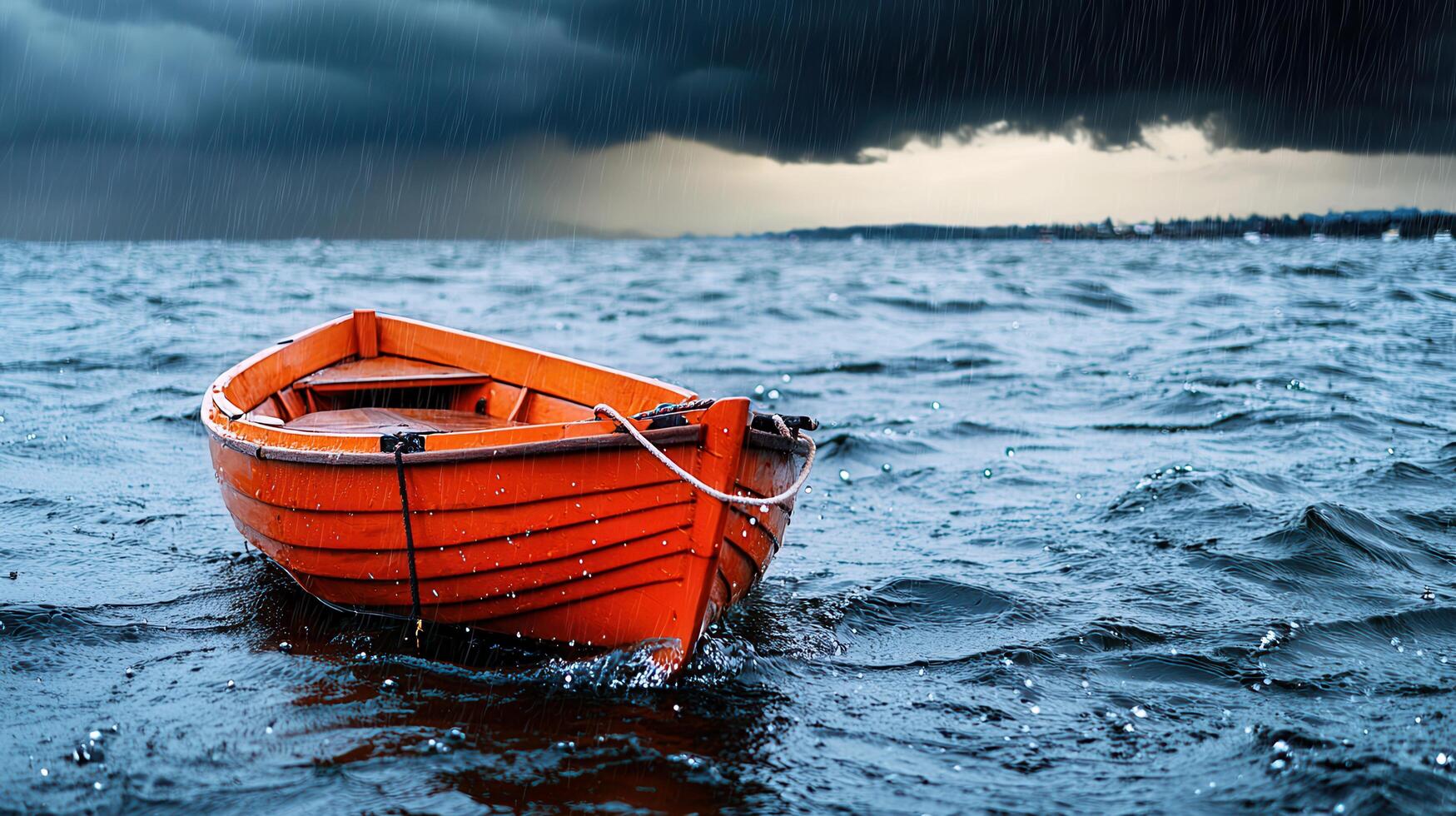 Small orange rowboat floats on a stormy sea under a dark rain cloud A dramatic seascape image photo