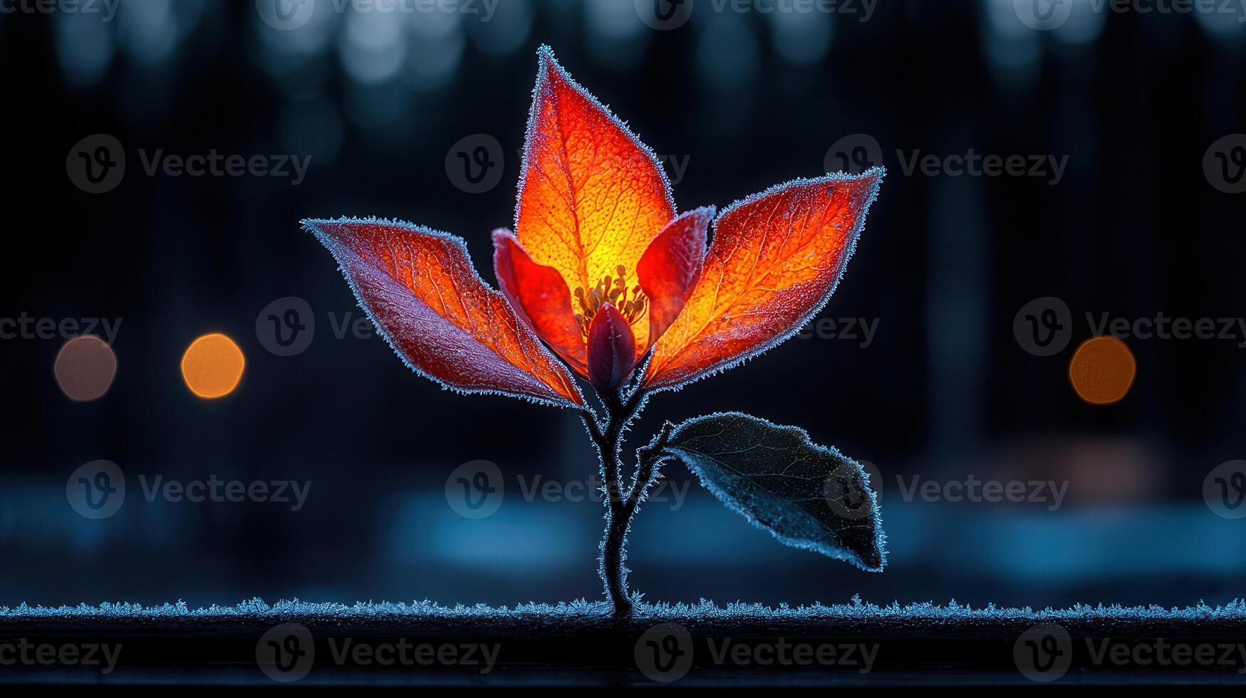 Illuminated Frosty Flower Glowing in the Dark Night Winter Nature Scene photo
