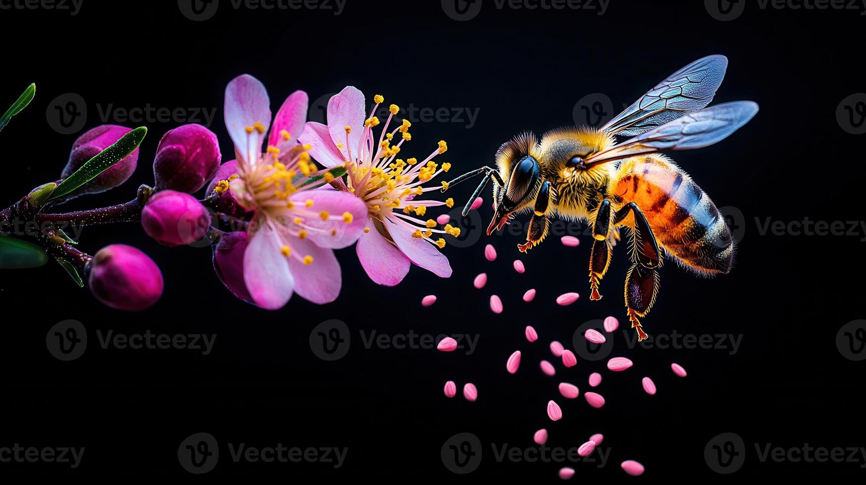 Honeybee in Flight Pollinating Delicate Pink Blossom Flower Close Up Macro Shot photo