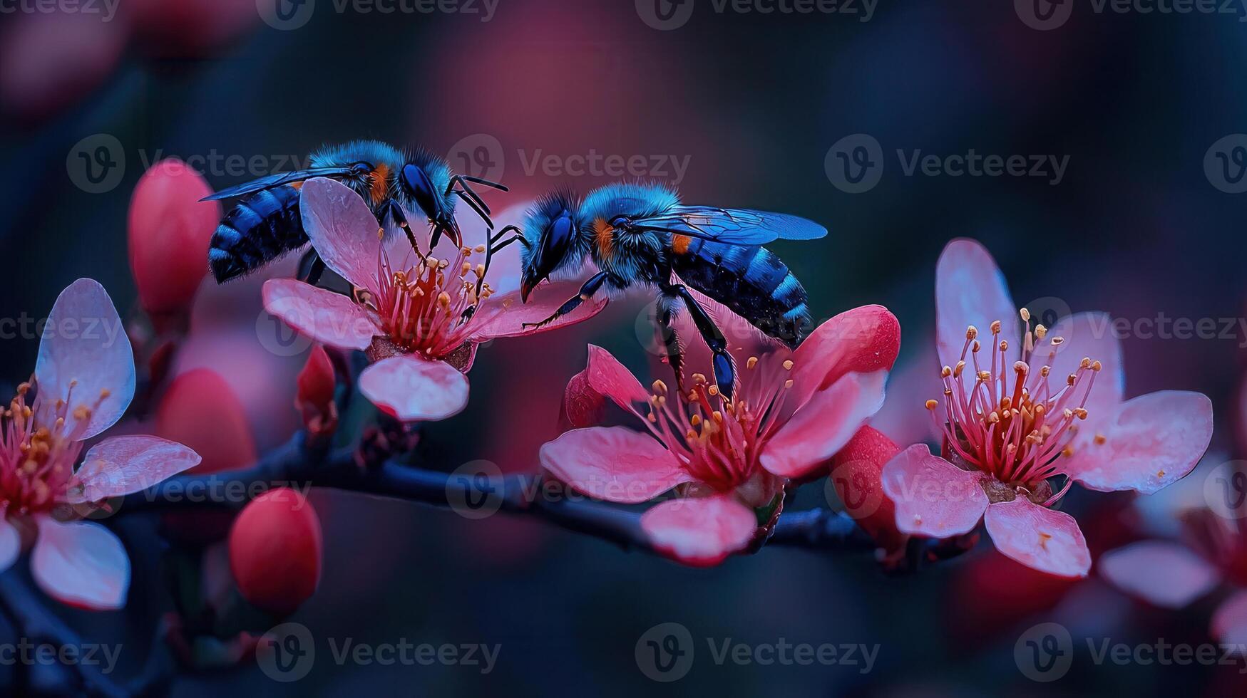 Two Vibrant Blue Bees Pollinating Delicate Pink Blossoms in Springtime photo