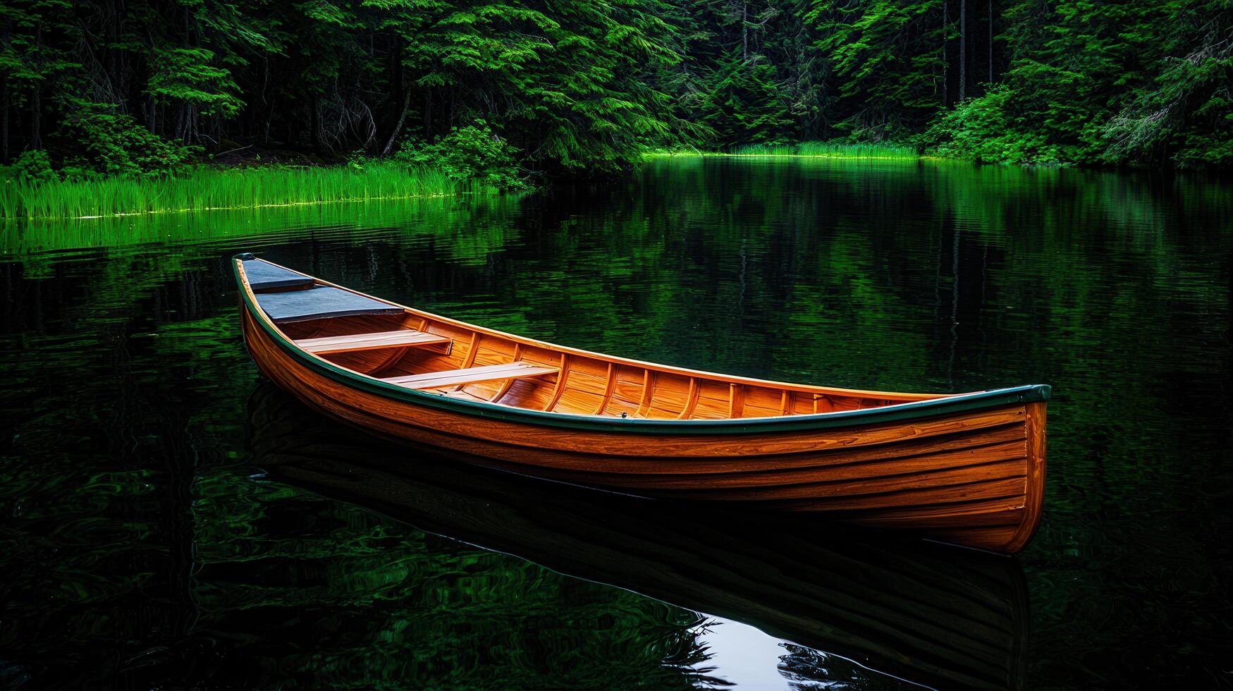 Serene Wooden Rowboat on a Calm Forest Lake Tranquil Nature Scene Peaceful Water Reflection photo