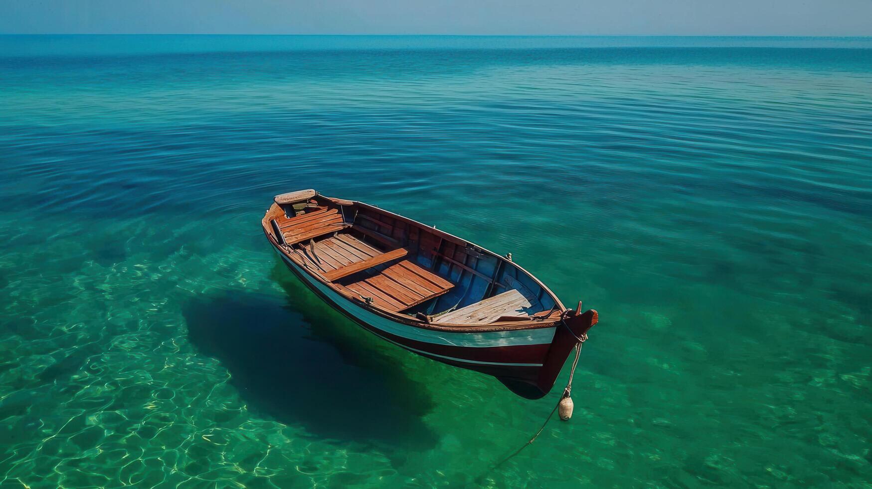Serene Wooden Rowboat Floating in Crystal Clear Turquoise Water Peaceful Summer Vacation Scene photo