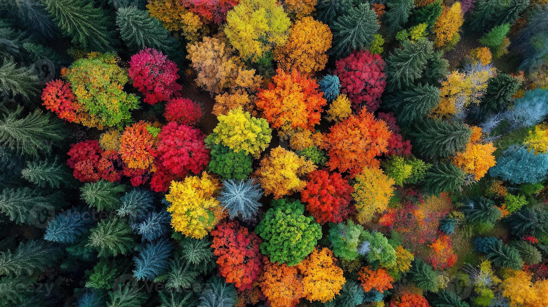 Aerial View of Colorful Autumn Forest Trees Showing Vivid Red Yellow Orange and Green Foliage photo