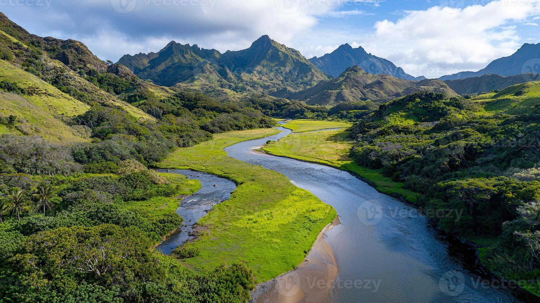 Serene River Winding Through Lush Green Valley and Majestic Mountains a Stunning Landscape Panorama photo