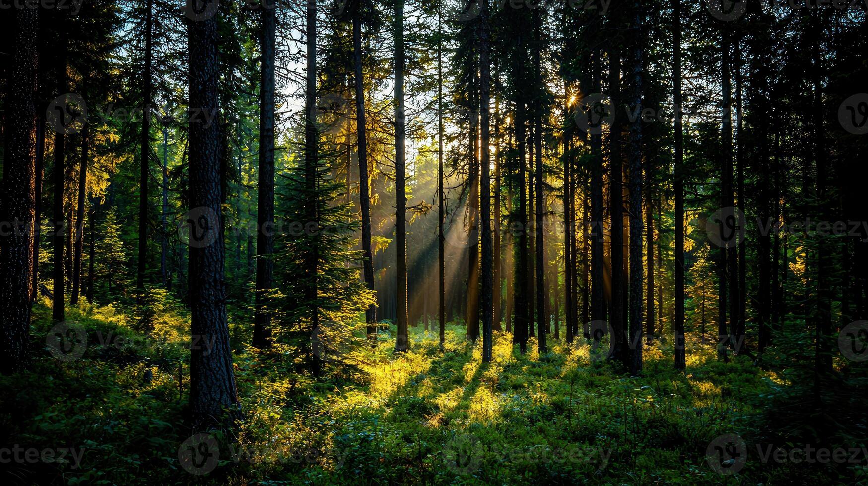 Sunbeams filtering through a dense forest of tall trees at sunrise creating a magical atmosphere photo