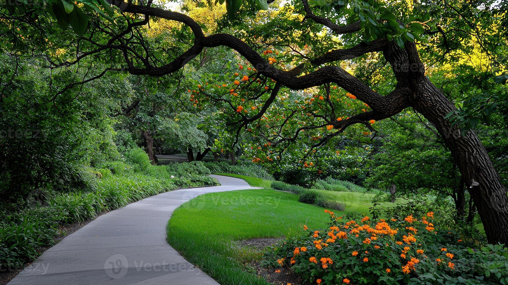 Serene Park Pathway Winding Through Lush Greenery and Blooming Orange Flowers A Tranquil Garden Scene photo