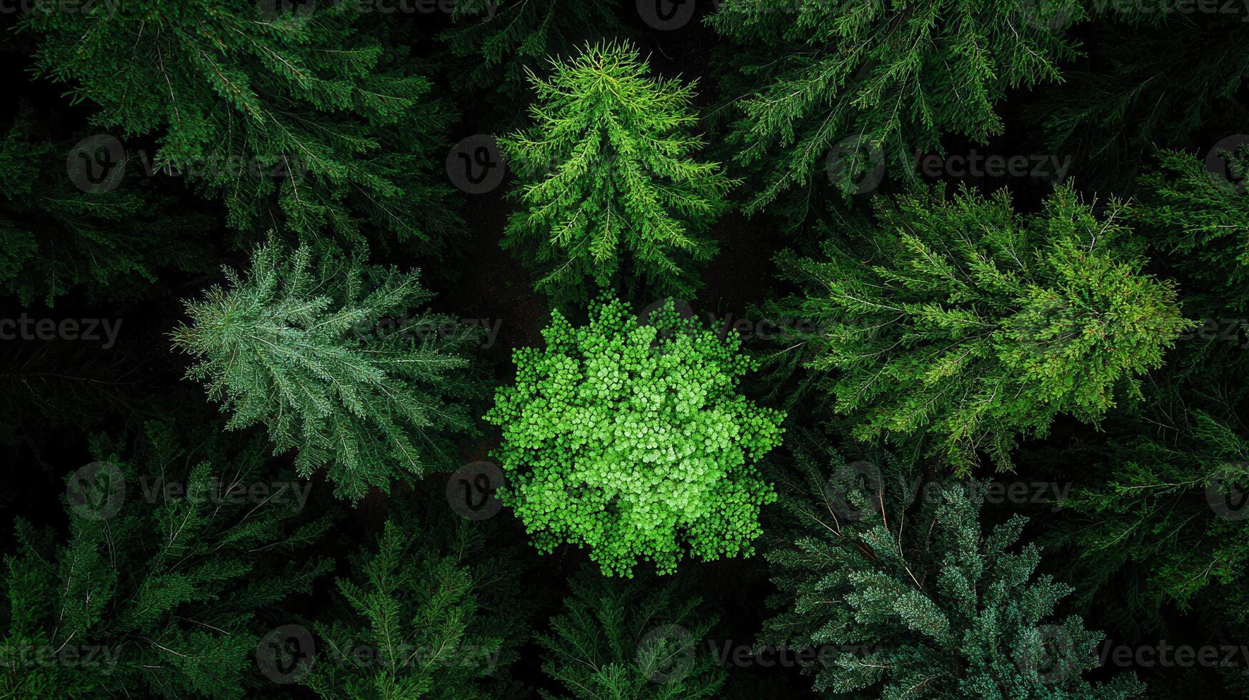Aerial View of Lush Green Forest Canopy Diverse Treetops Overhead Shot photo