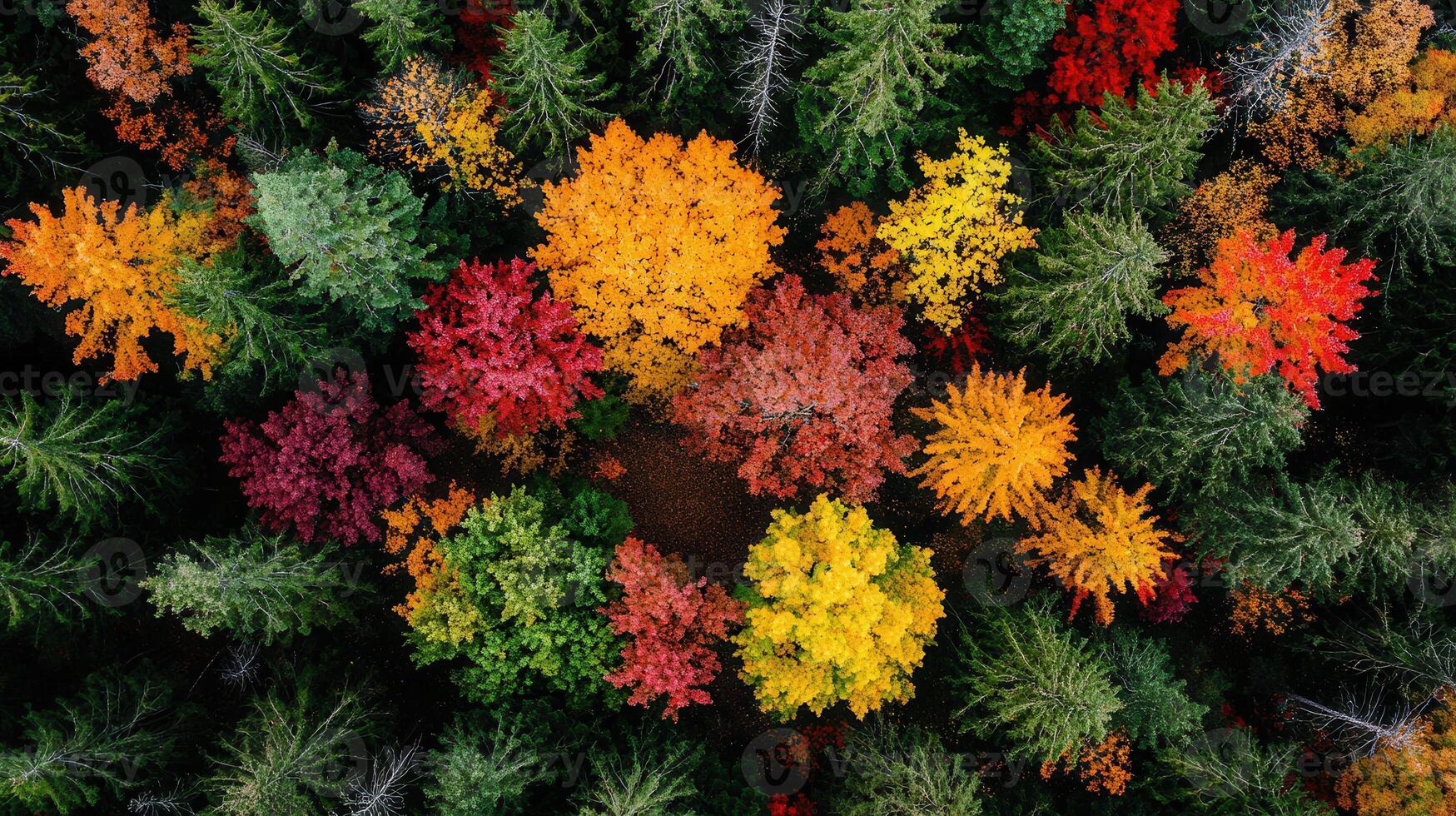 Aerial View of Autumn Forest Colorful Trees Overhead Shot Fall Foliage Landscape photo