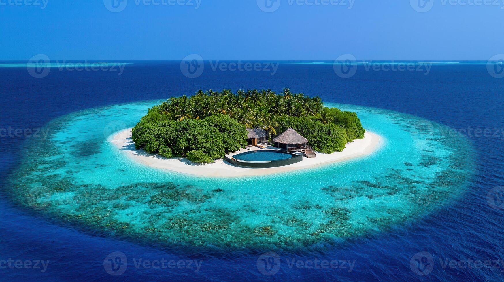 Secluded Tropical Island Paradise Getaway Stunning Aerial View of Private Beach Villa with Pool and Lush Greenery photo