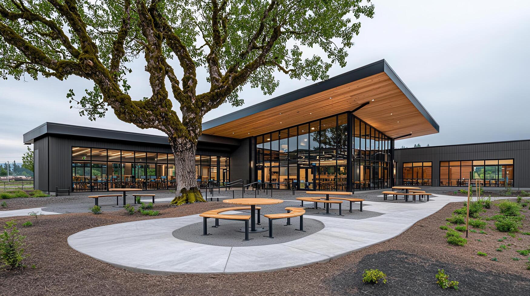 Modern School Building Exterior with Outdoor Patio and Large Tree Spacious Design Ideal for Students and Staff photo