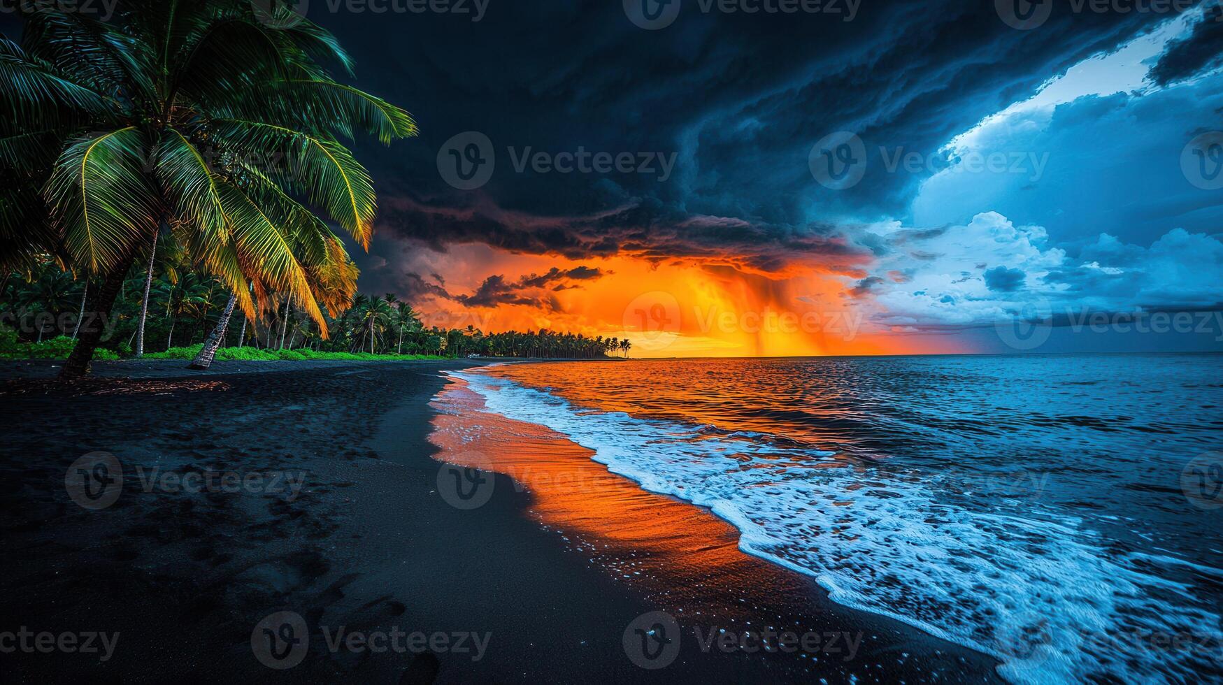 Dramatic Tropical Sunset Over Black Sand Beach Palm Trees Ocean Waves photo