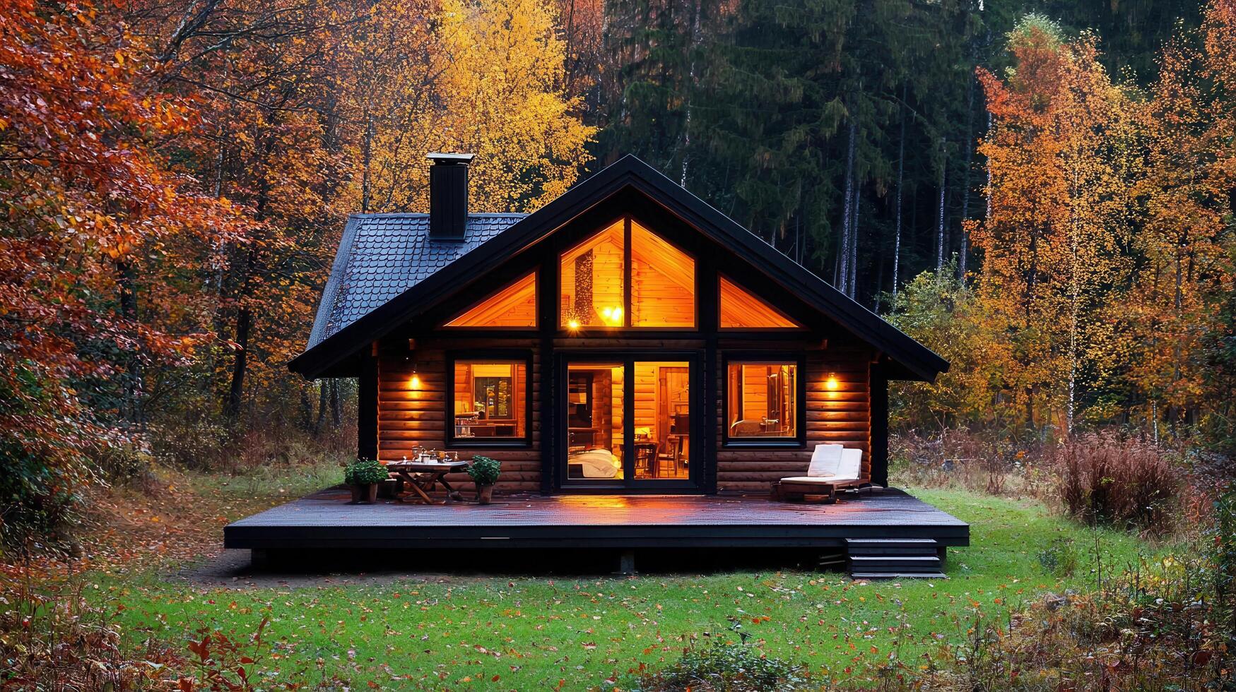 Cozy Wooden Cabin in Autumn Forest at Night Warmly Lit Interior photo