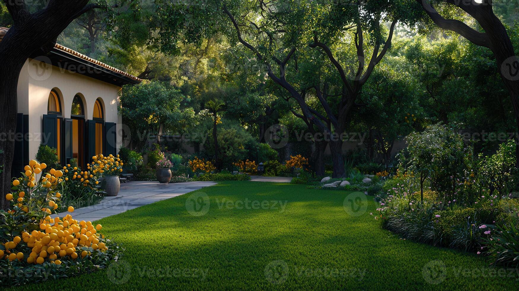 Lush Garden Scene Mediterranean House with Vibrant Landscaping and Sunny Lawn photo