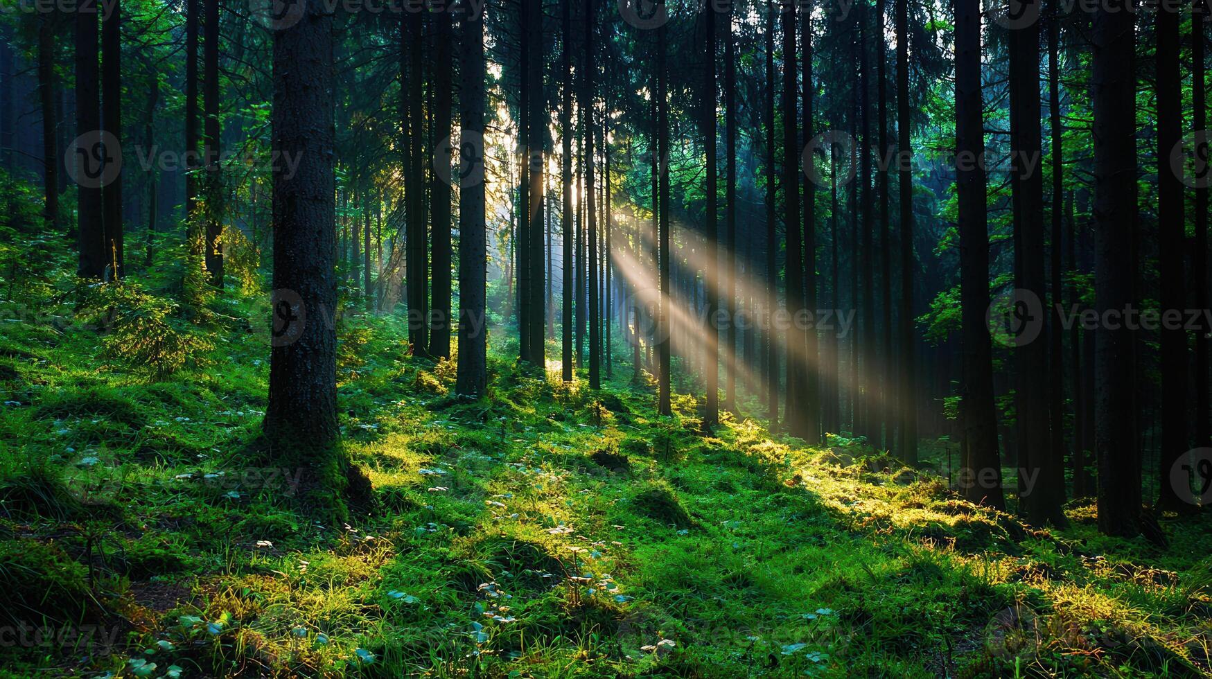 Sunbeams Illuminate Lush Green Forest Floor Sunlight through Trees Tranquil Nature Scene photo
