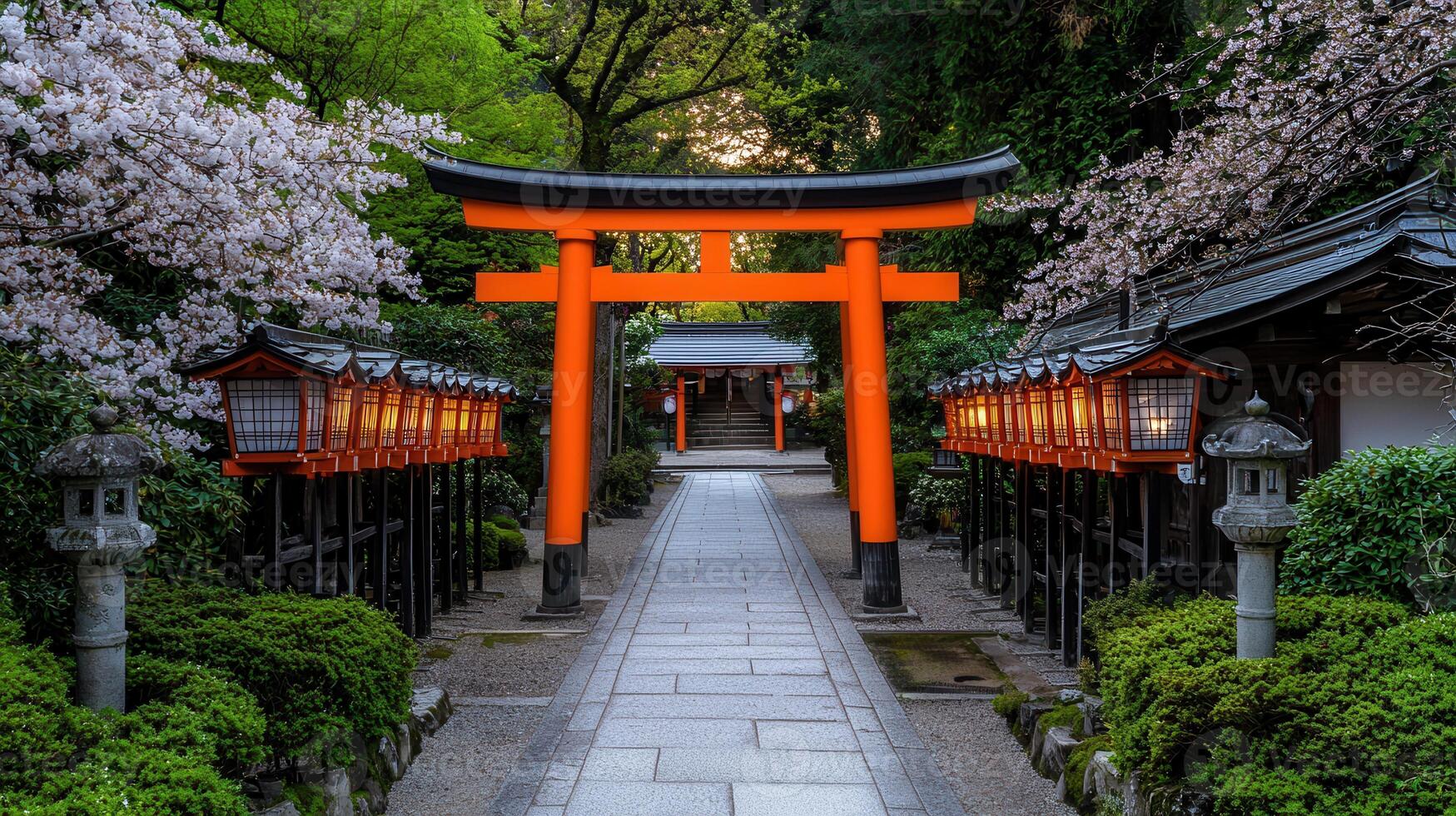 Serene Japanese Shrine Pathway Tranquil Torii Gate with Cherry Blossoms and Lanterns at Dusk photo
