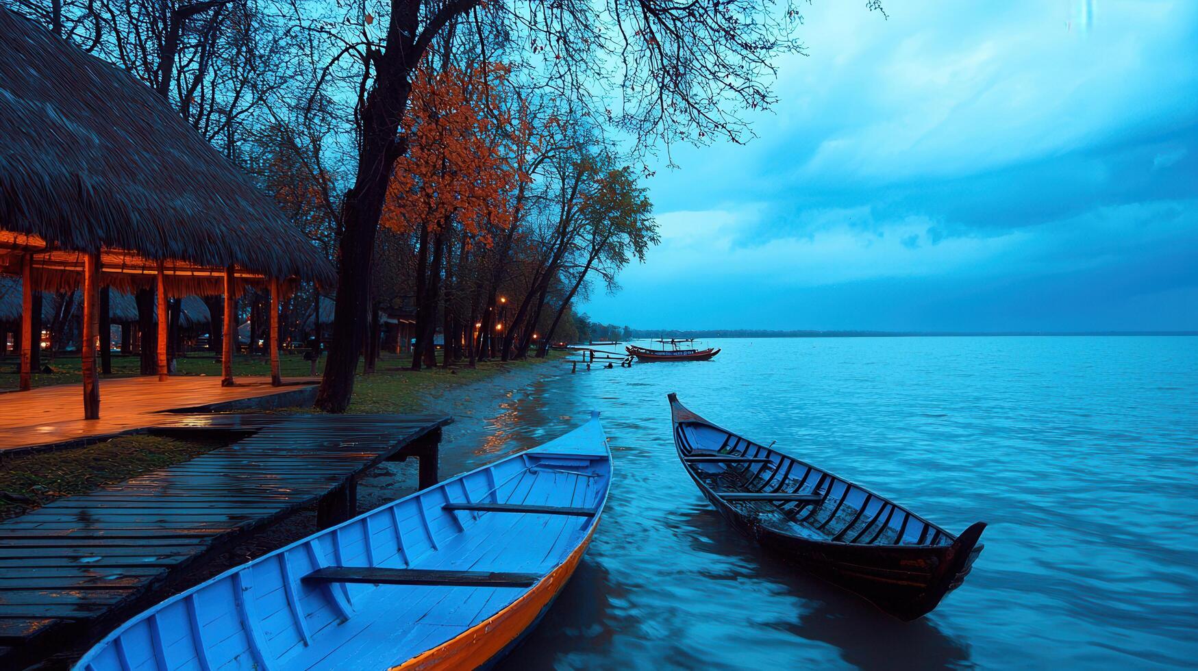 Serene Evening Lakeside Scene with Wooden Boats Docked near a Thatched Pavilion and Trees photo