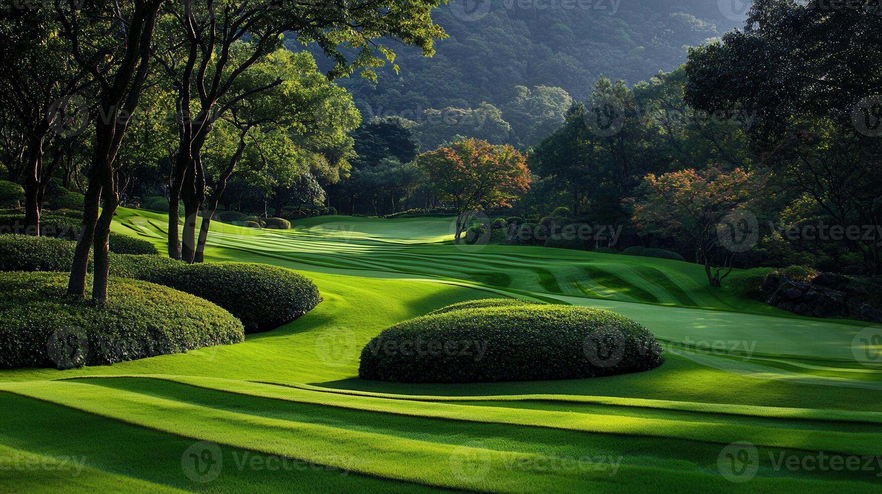 Serene Green Golf Course Landscape Lush Grassy Hills and Rolling Fairways under Sunlight photo