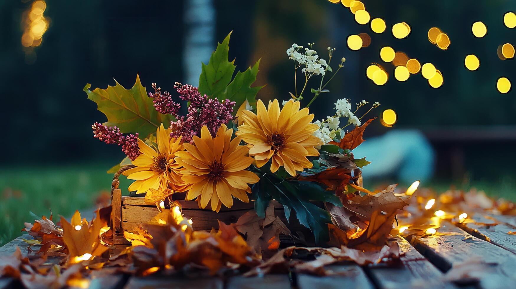 Autumnal Flowers in Wooden Box with Fairy Lights and Fall Leaves on Rustic Table photo