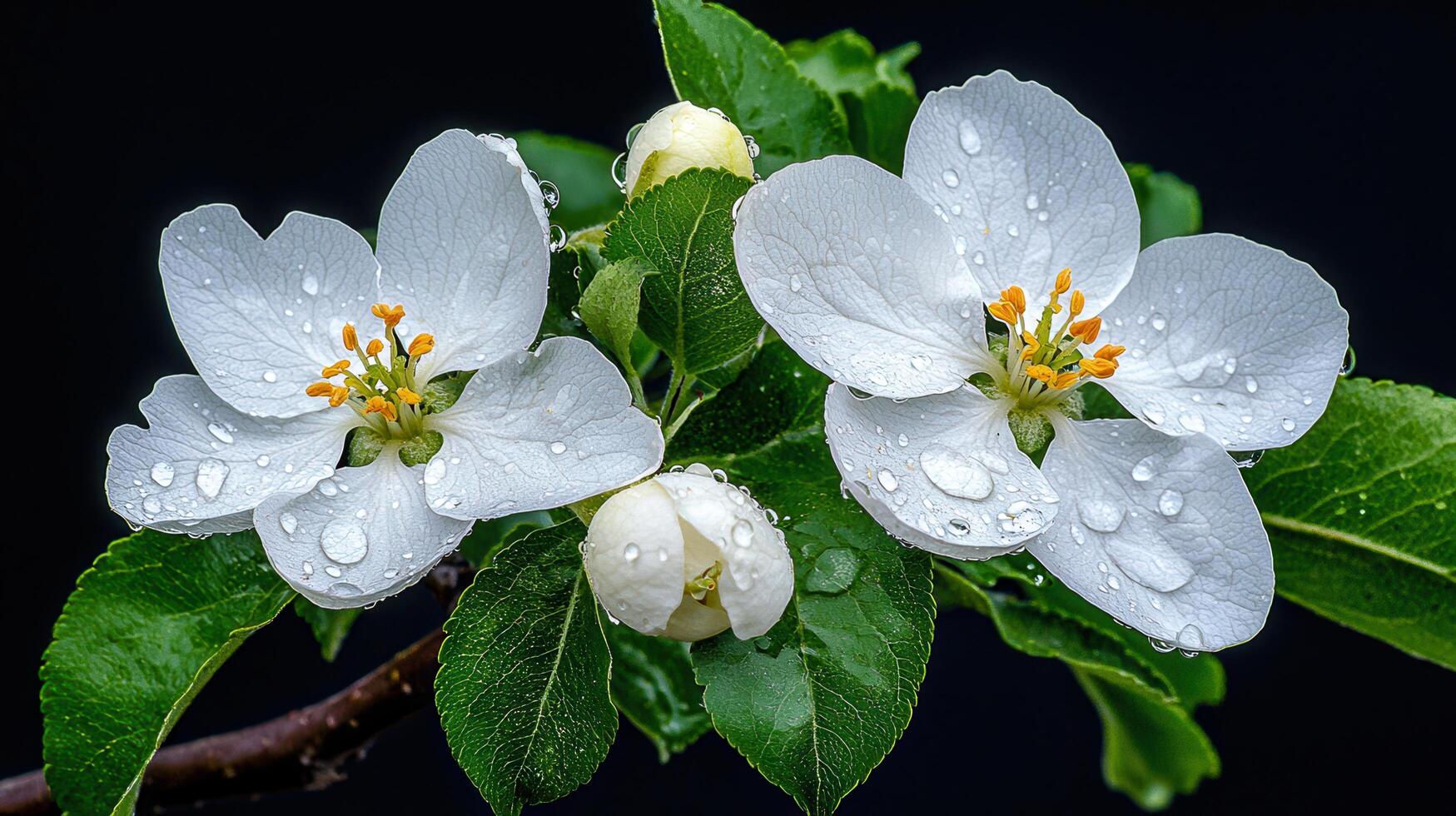 Beautiful White Apple Blossoms with Dew Drops Close up of Spring Flowers after Rain photo