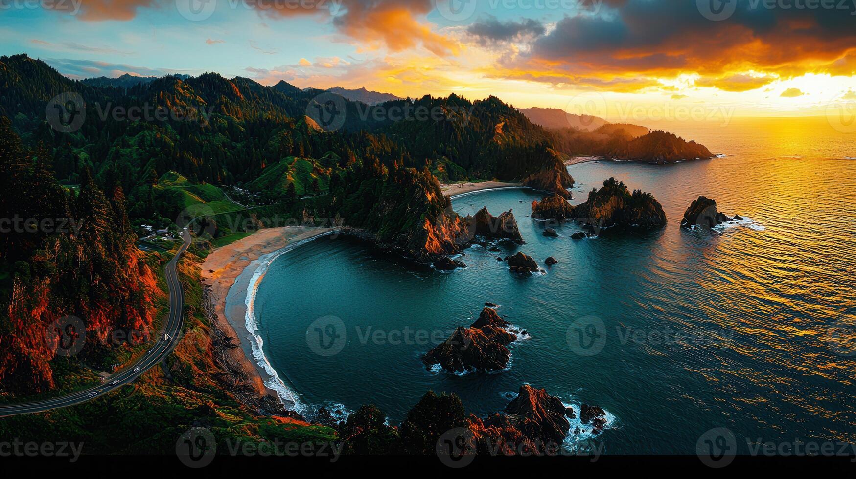 Stunning coastal highway sunset landscape scenic view with ocean waves crashing on the beach near rocky cliffs photo