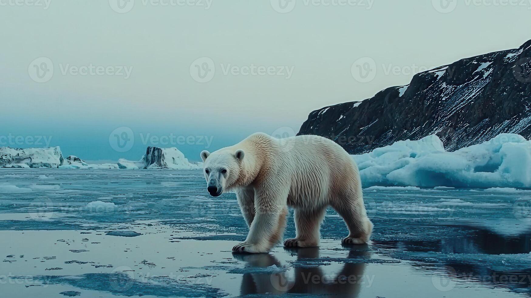 Majestic Polar Bear Walking on Arctic Ice Floes near a Rocky Coastline in the Cold Arctic Ocean photo