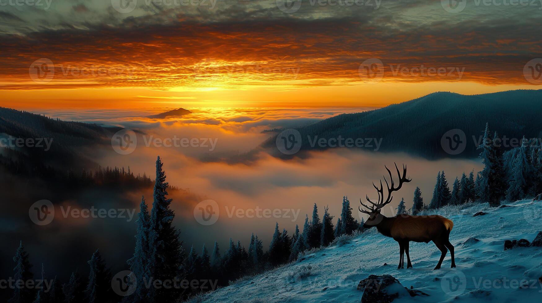Majestic Elk at Sunrise in Snowy Mountains Winter Landscape Scenery photo
