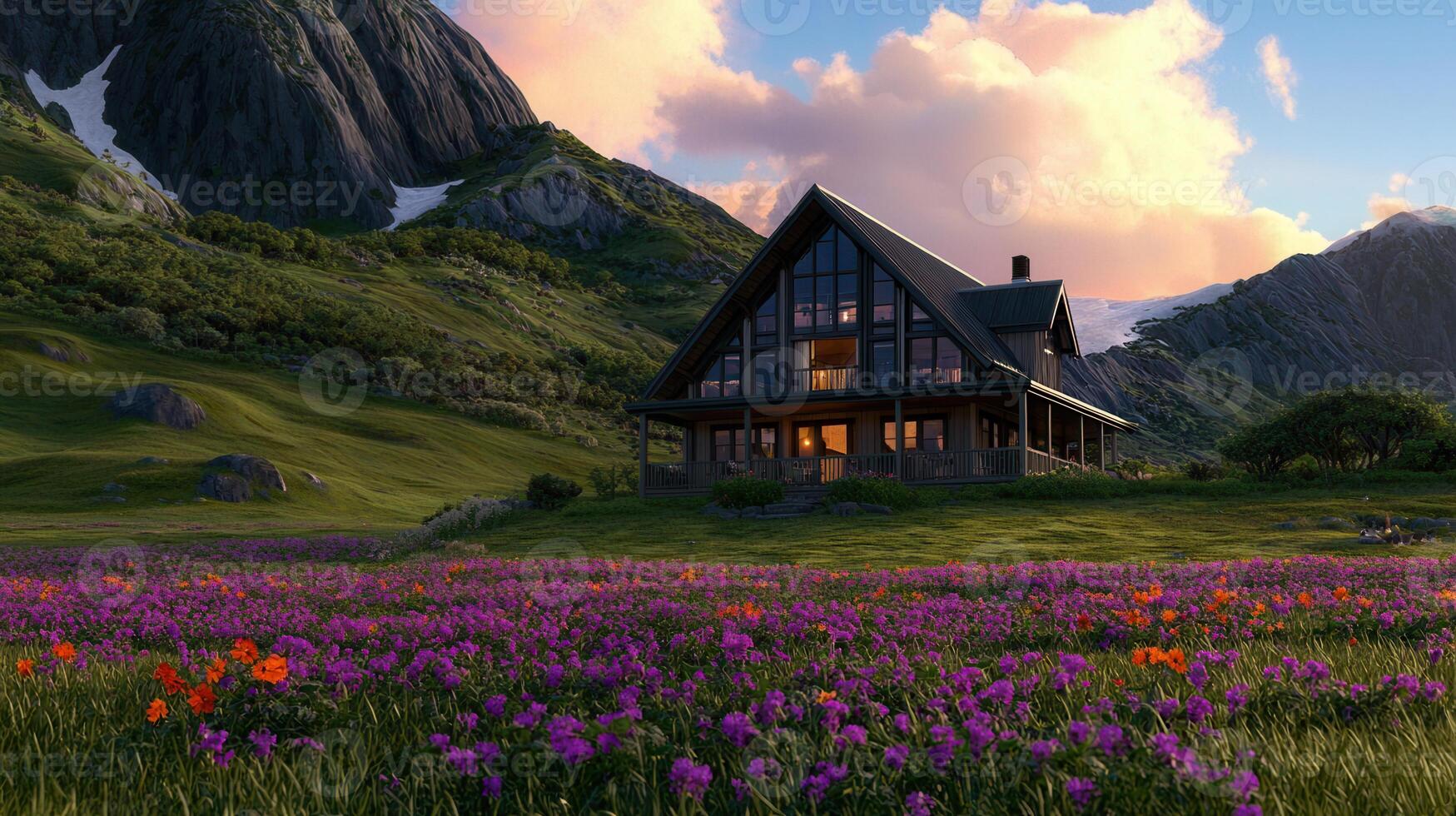 A frame Cabin nestled in Mountain Valley Meadow Wildflowers Sunset photo