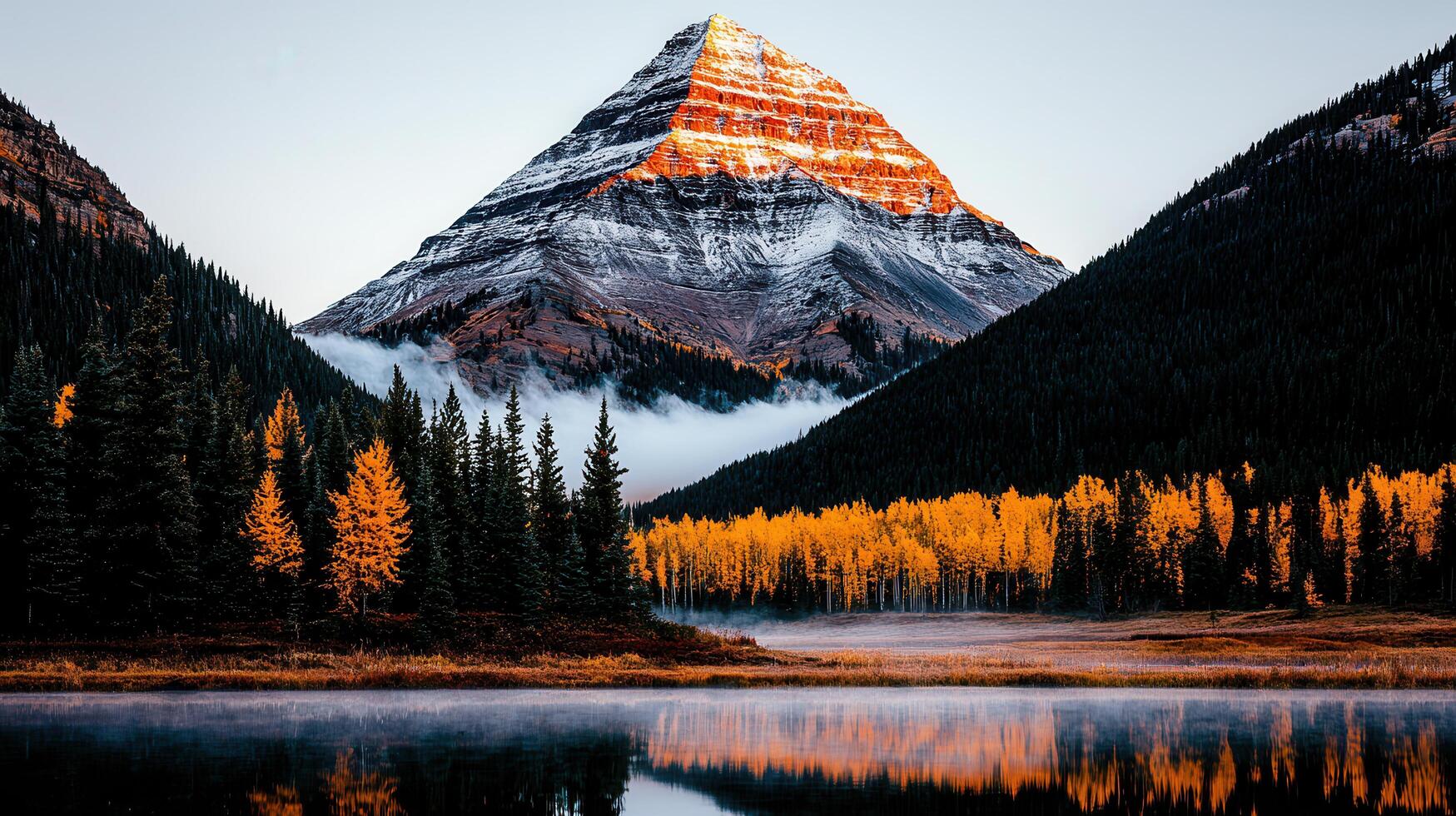 Majestic Mountain Peak Sunrise Autumn Scenery Breathtaking View Golden Aspens Reflection Lake photo