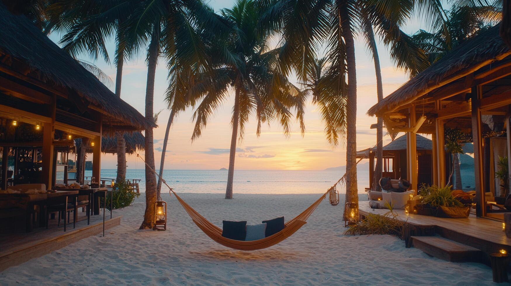 Serene Sunset Hammock Scene Tropical Beach Resort Relaxation Vacation photo