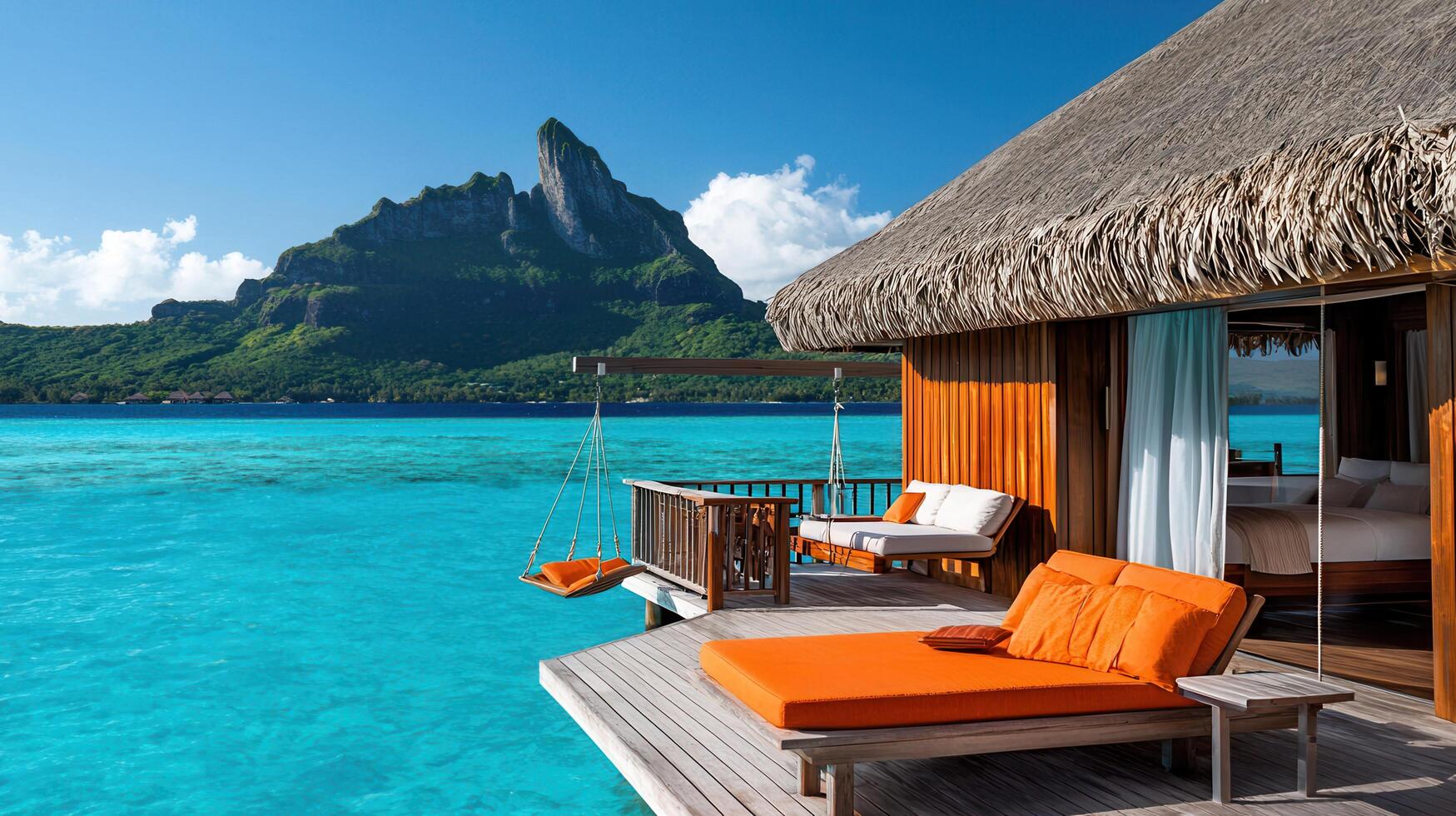 Luxurious Overwater Bungalow with Stunning Ocean View and Tropical Island Scenery Relaxing Deck with Daybed and Swing photo