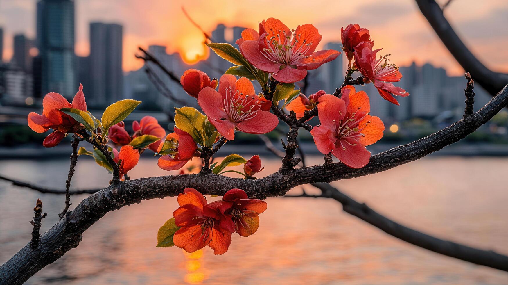 Vibrant Red Blossoms at Sunset Over City Skyline Beautiful Spring Flowers Blooming in Urban Setting photo