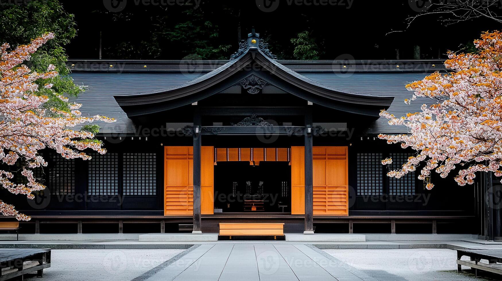 Serene Japanese Temple with Cherry Blossoms Tranquil Asian Architecture and Spring Scenery photo