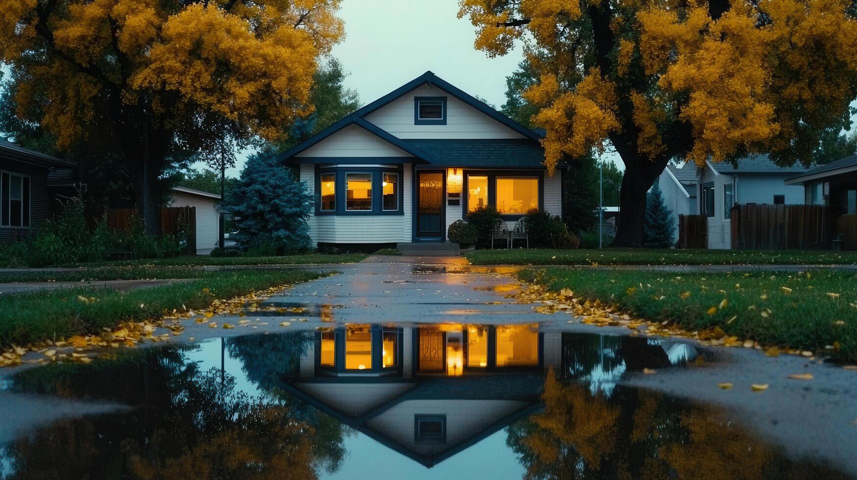 Cozy Suburban House Reflection in Autumn Puddle Warm Evening Lights photo