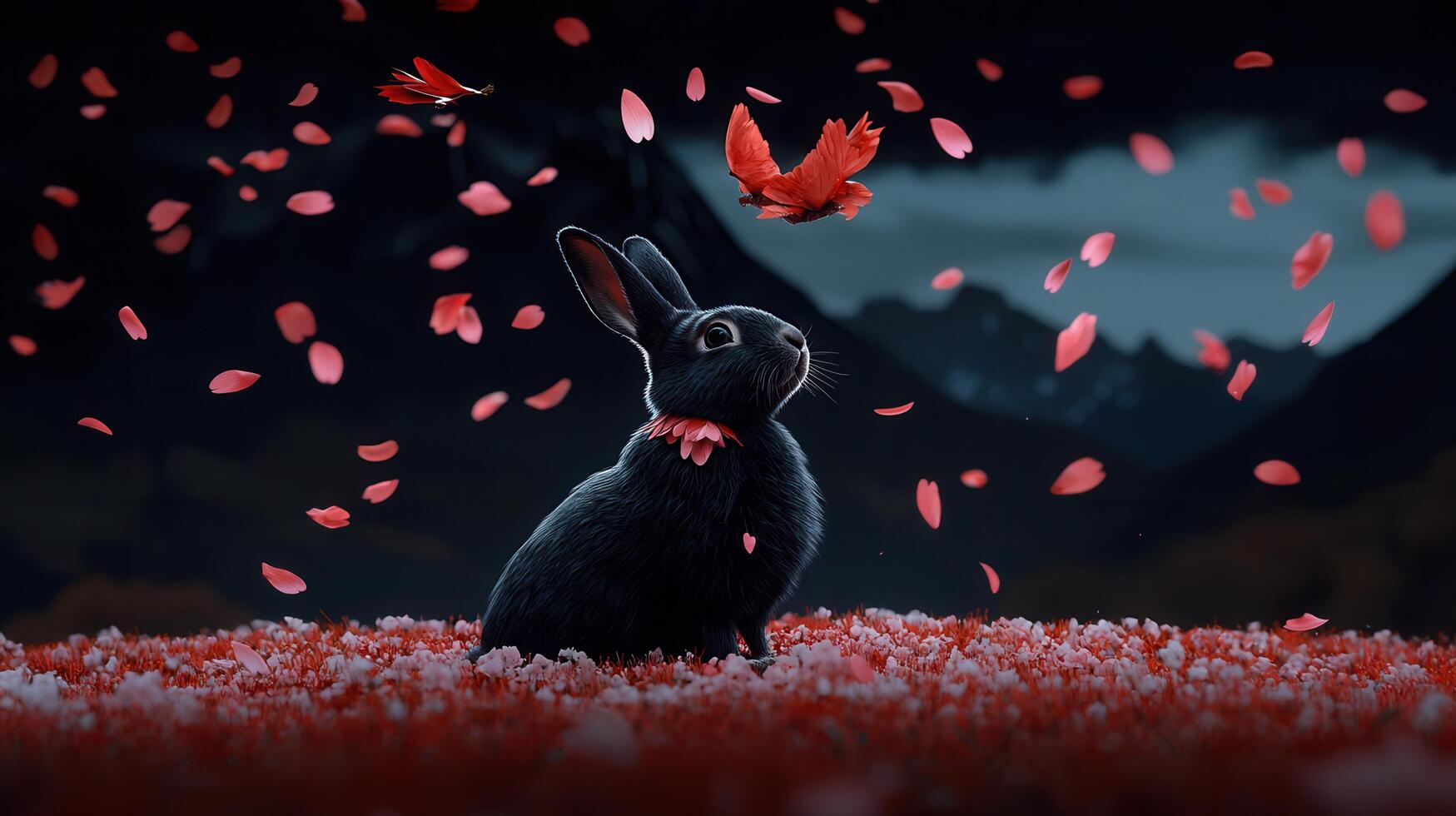 Black Rabbit in a Field of Falling Cherry Blossoms Watching a Butterfly photo